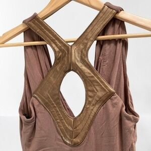 NEW Sky Women's Cowl Neck Brown Metallic Bronze Leather Racerback Top Medium